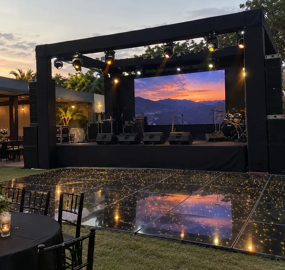 Palco ao ar livre com luz e painel de LED ao entardecer