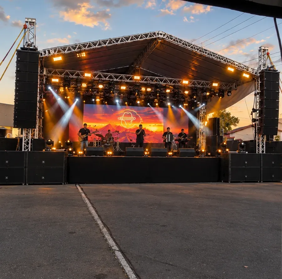 Palco com cobertura, luz e painel de LED ao entardecer